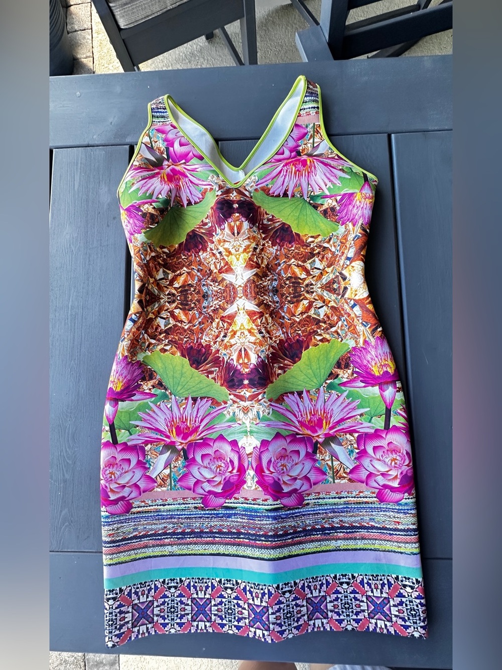 Clover Canyon sleeveless mini dress featuring a striking pink water lily Sz L